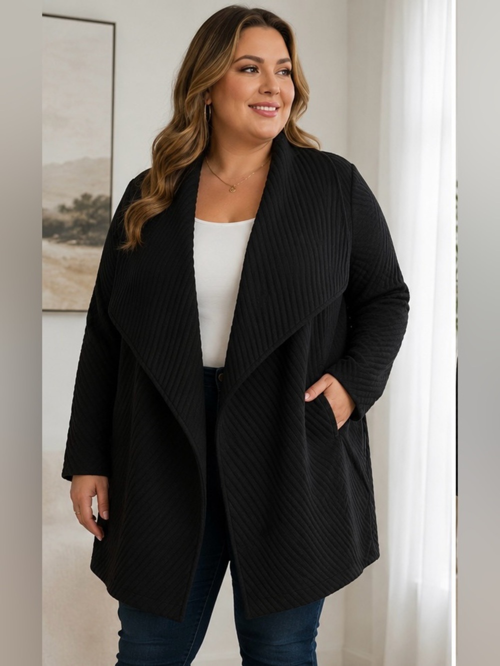 Tahari Woman 1X Black Ribbed Draped Open Front Cardigan Jacket